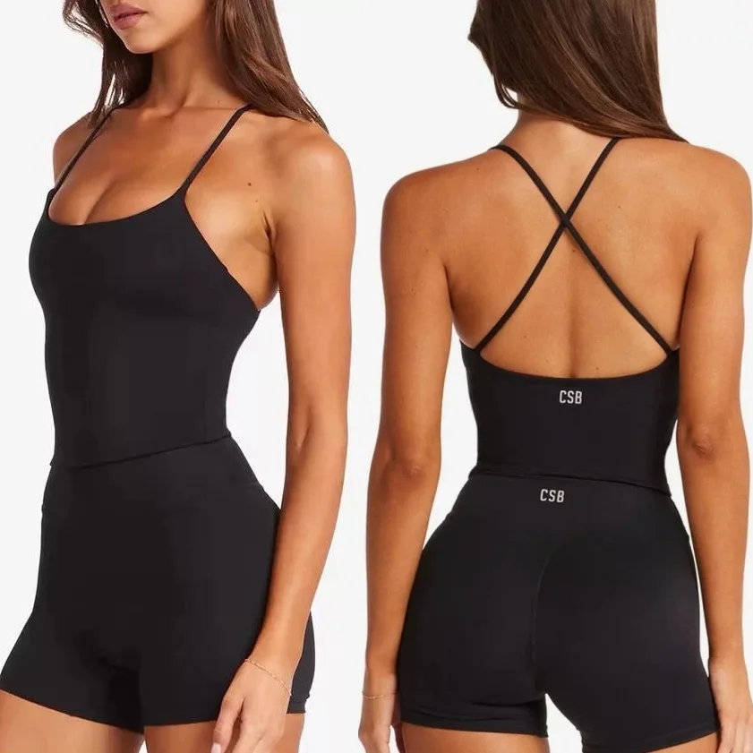 

CSB Luxury Cross Strap Yoga Tank Top & High Waist Shorts/Leggings, Naked Feel Pilates Gym Workout Outfit for Women