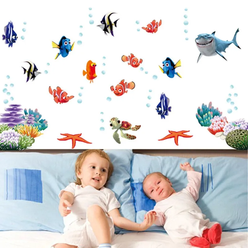 Cute Sea Star Nemo Fish Turtle Shark Vinyl Wall Stickers Home Decoration for Kids Room Kitchen Bathroom Tile Seabed Anime Poster
