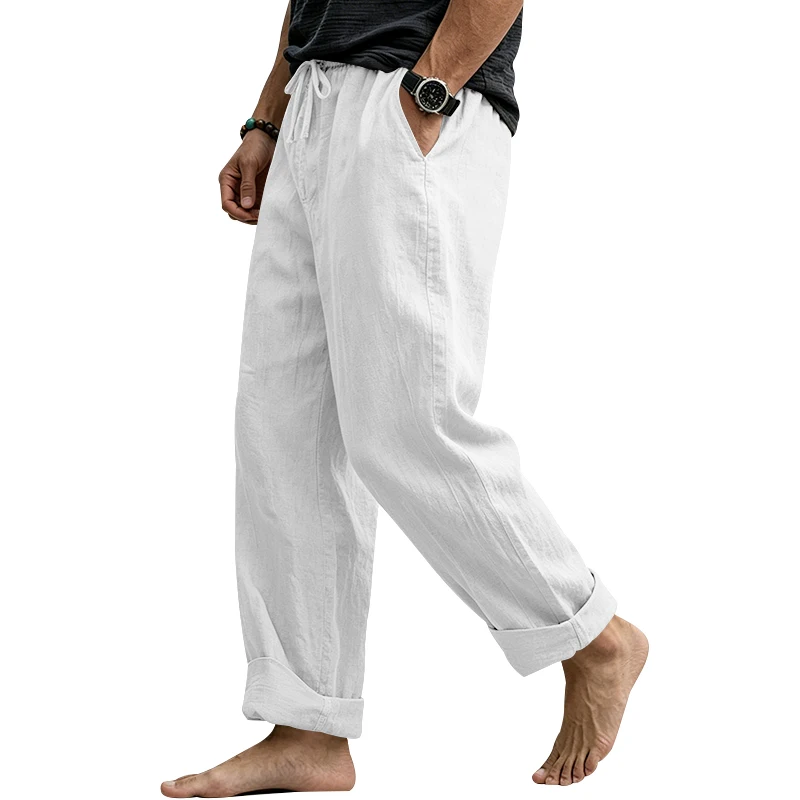 Sommerliche Herren-Leinenhose, Lässige Hawaiian-Hose mit Elastischem Kordelzug, Atmungsaktive Gerade Lange Hose mit Taschen für Alltag und Zuhause – Detail 4