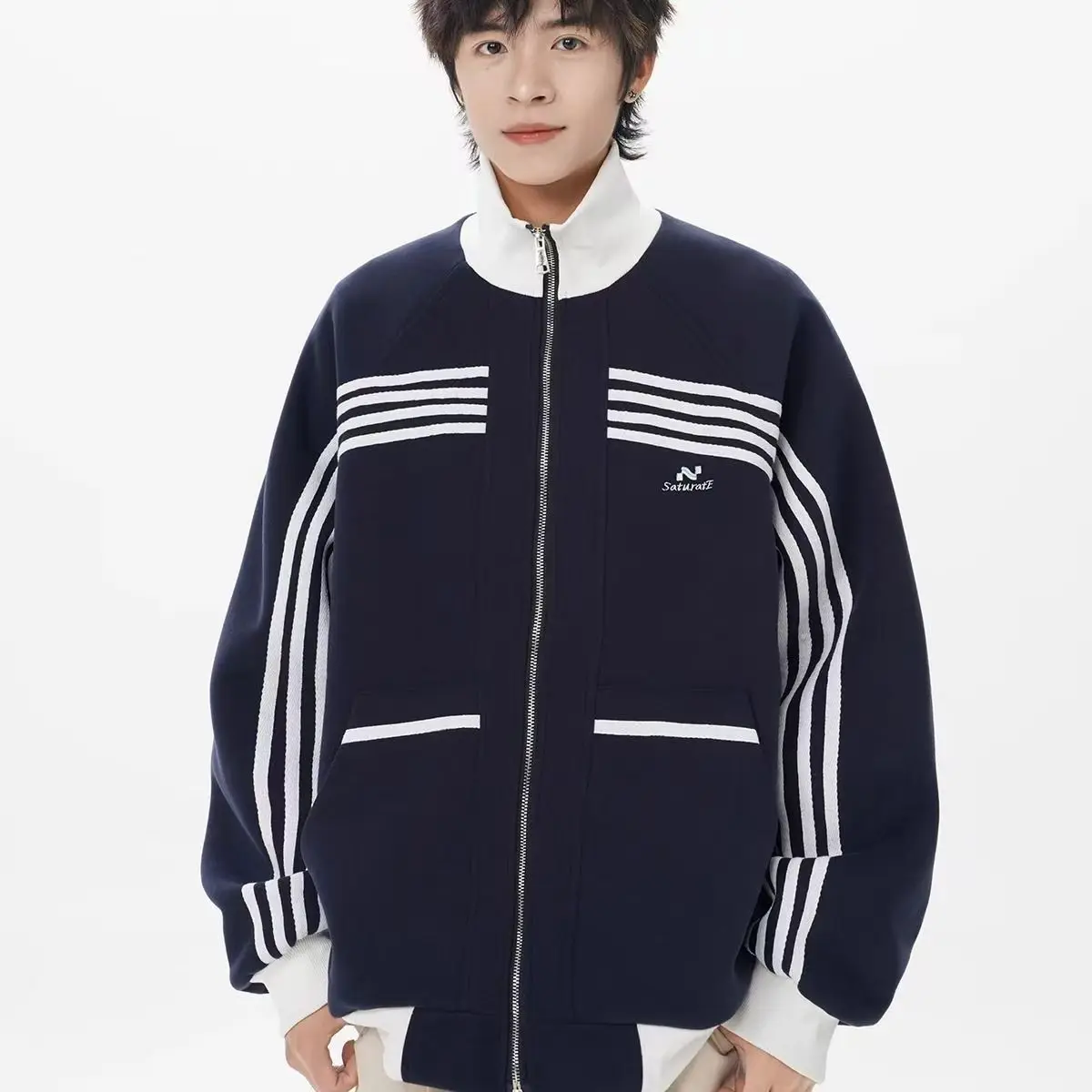 

Streetwear Striped Sweatshirts Men Stand Collar Two Zippers Jacket for Women Vintage Varsity Jacket Cardigans Men Y2k Clothes