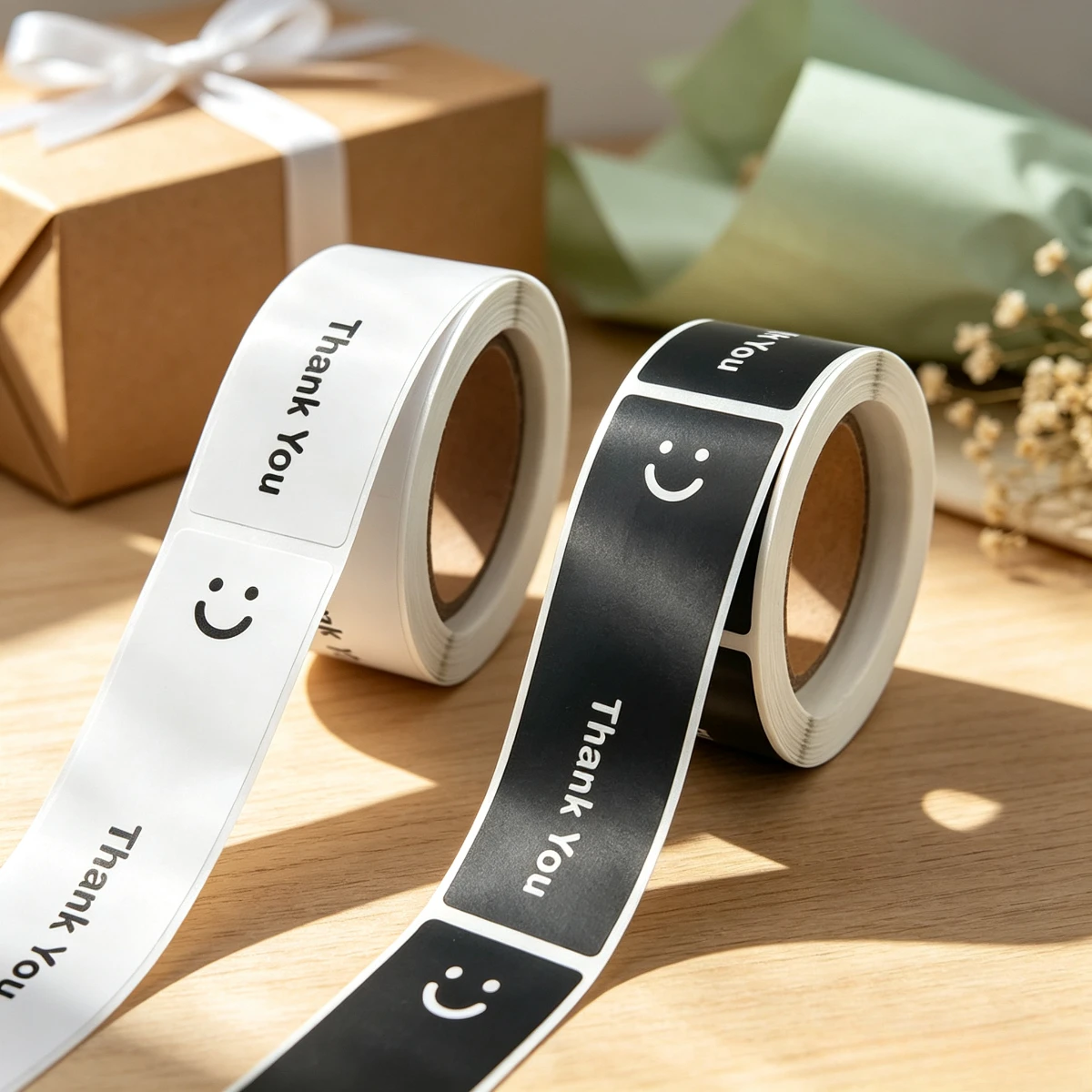 120Pcs/roll Smiling Face Black and White Thank You Rectangular Seal Sticker Gift Sticker for Homemade Packaging Decoration Label