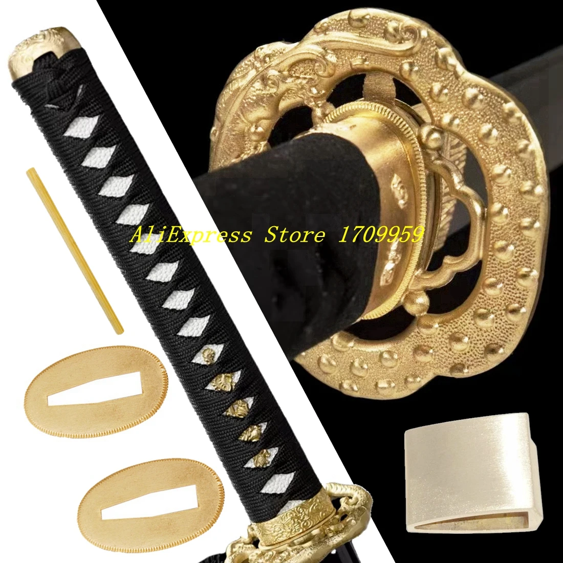

26 см Tsuka Real Ray Skin Katana Handle Настоящий японский меч Набор латунных фитингов Dragon Tsuba+Menuki+Fuchi+Kashira+Habaki+Seppa