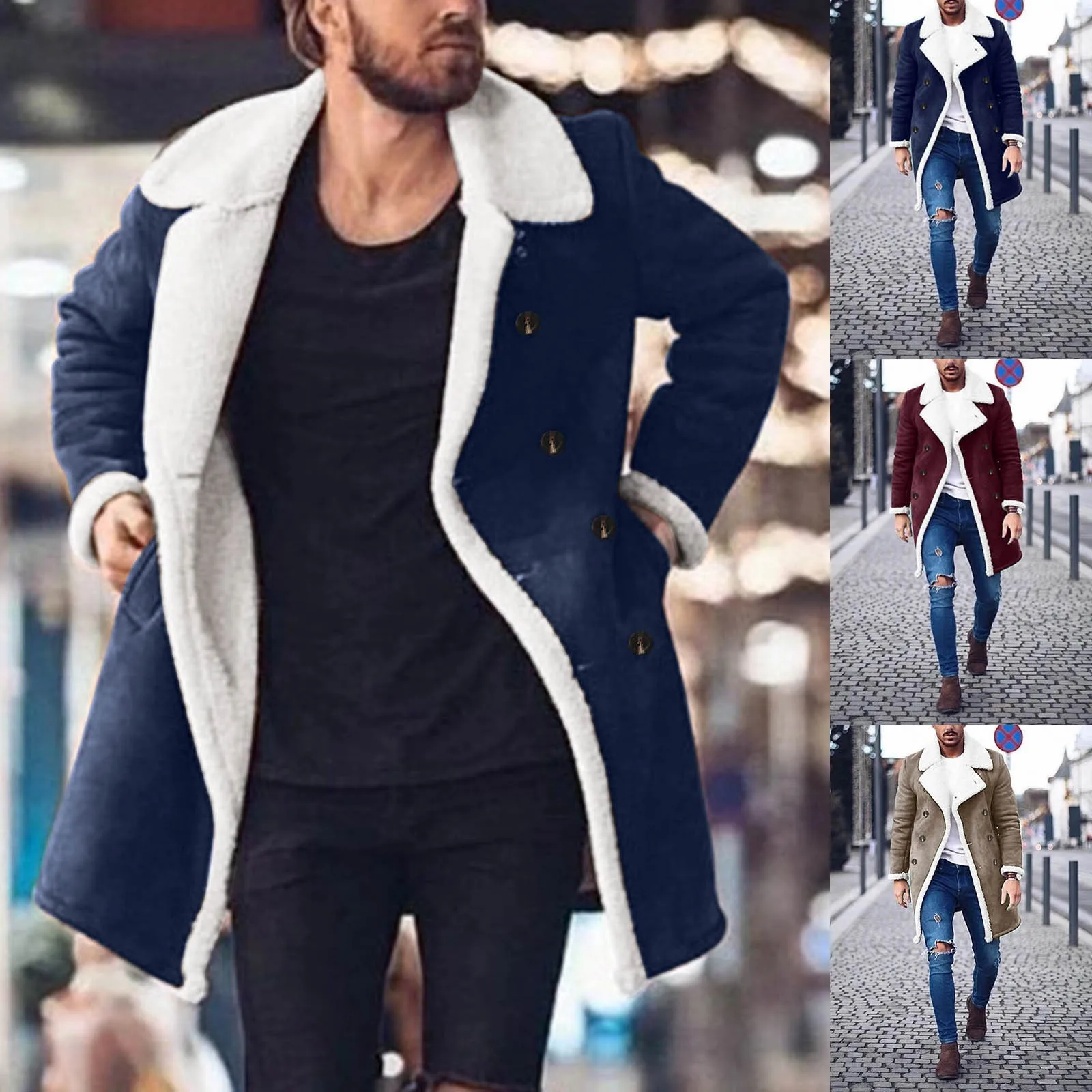 

Contrast Colors Turn-down Collar Thicken Lambswool Suede Jacket Winter Faux Fur Jacket Plus Size Men Jackets Long Parka Coat