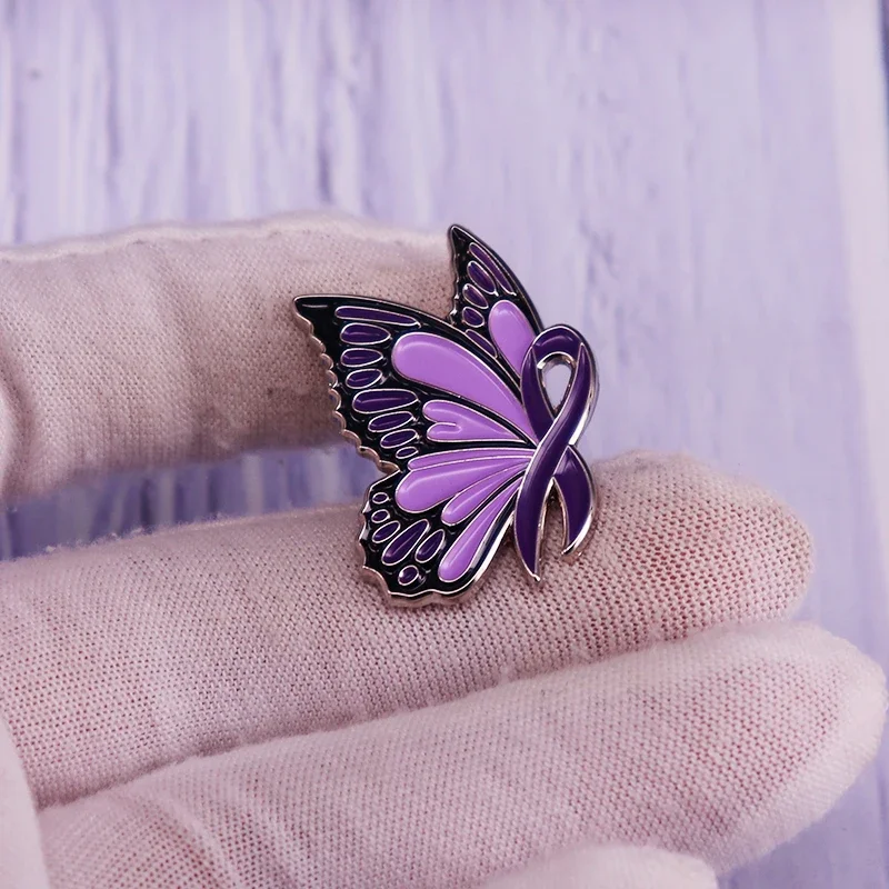 Purple Ribbon Butterfly Enamel Pin Domestic Violence Awareness Brooch Guarding Mental Health Badge