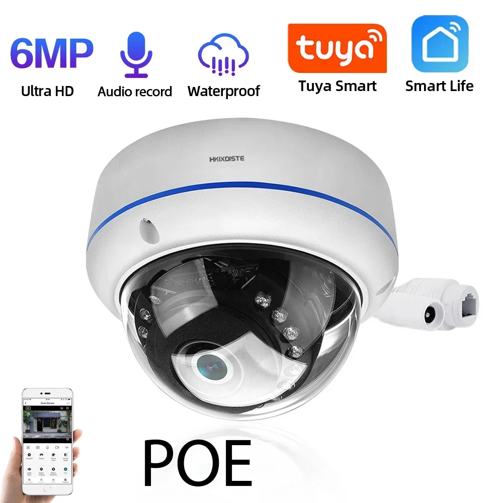 Tuya 5MP POE IP Camera Indoor Dome Vandalproof Audio Record Home Smart Life Security Camera CCTV Vedio Surveillance Camera 6MP