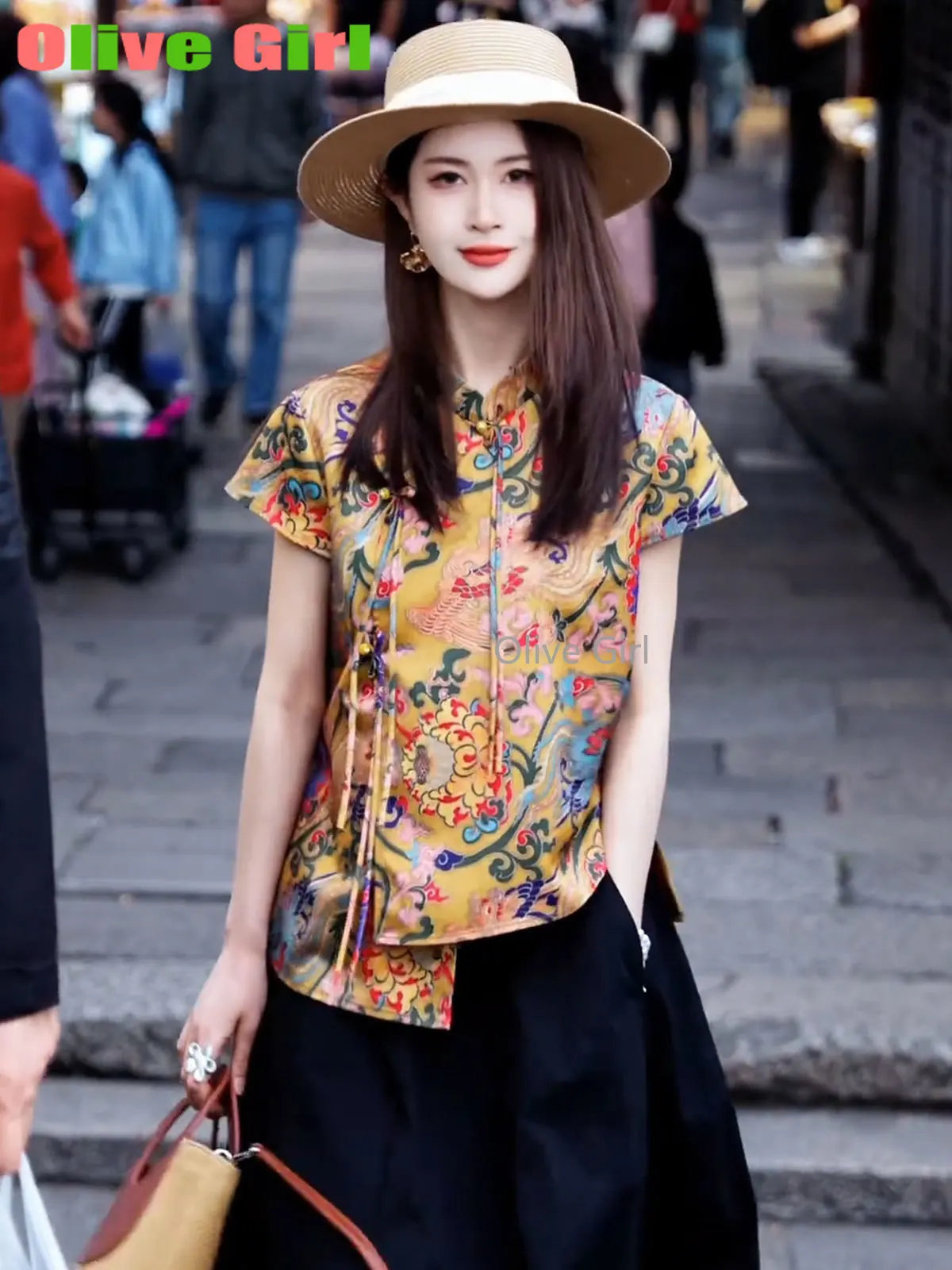 Olive Girl Printed Shirt High-end Elegance Blouse 2025 Chinese Traditional Clothing Short Sleeved Stand Collar Top