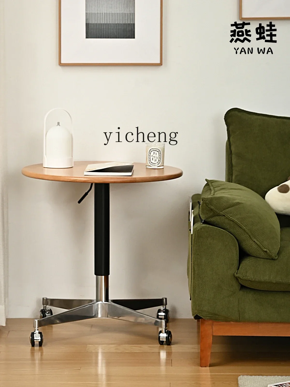 LYY  Cherrywood Solid Wood Movable Lifting Side Table with Wheels Small round Table Living Room Coffee Table