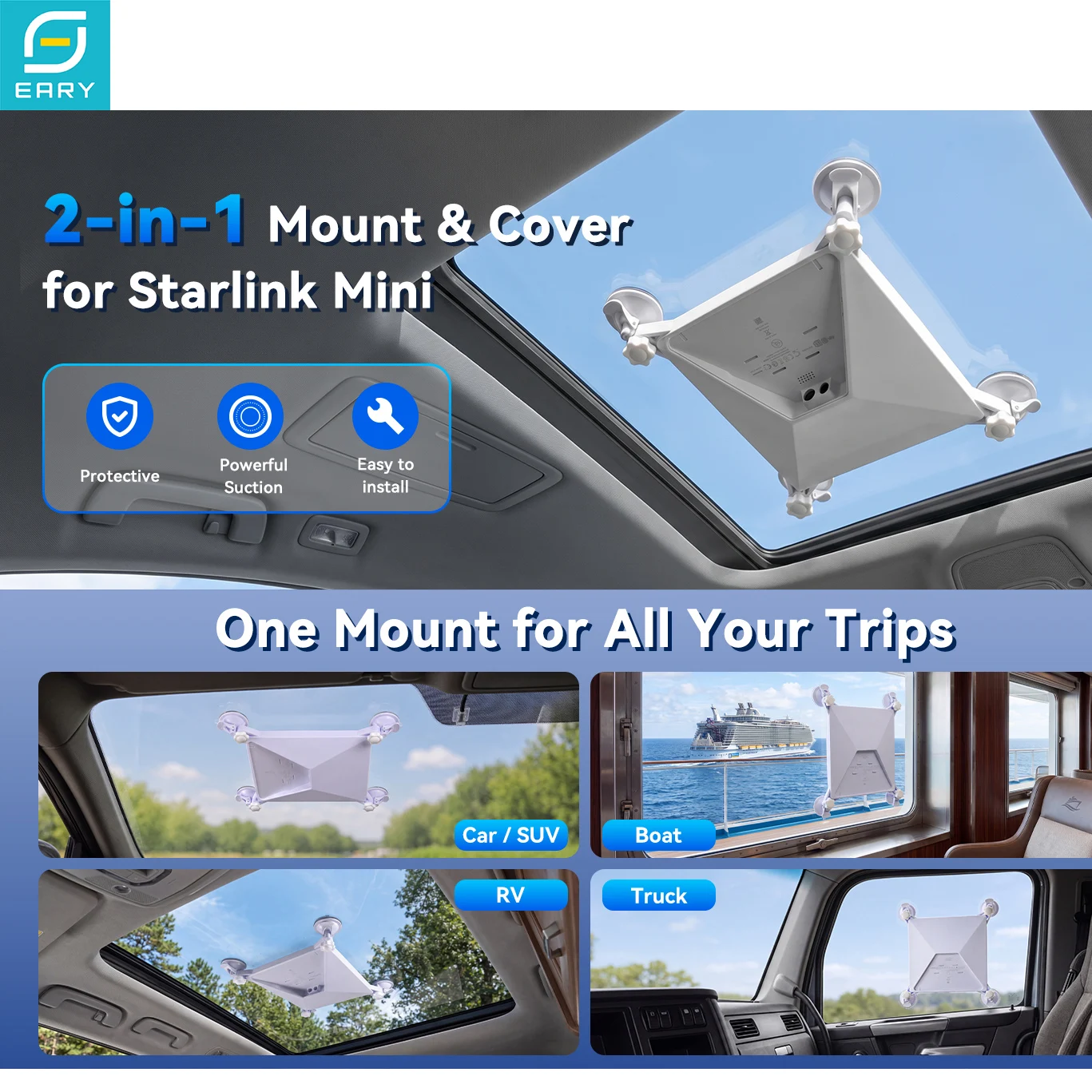 Eary 2-in-1 Mount & Protective Case for Starlink Mini 4 Suction Cup Vehicle Bracket Car Sunroof Window SUV RV Truck Boat Camper
