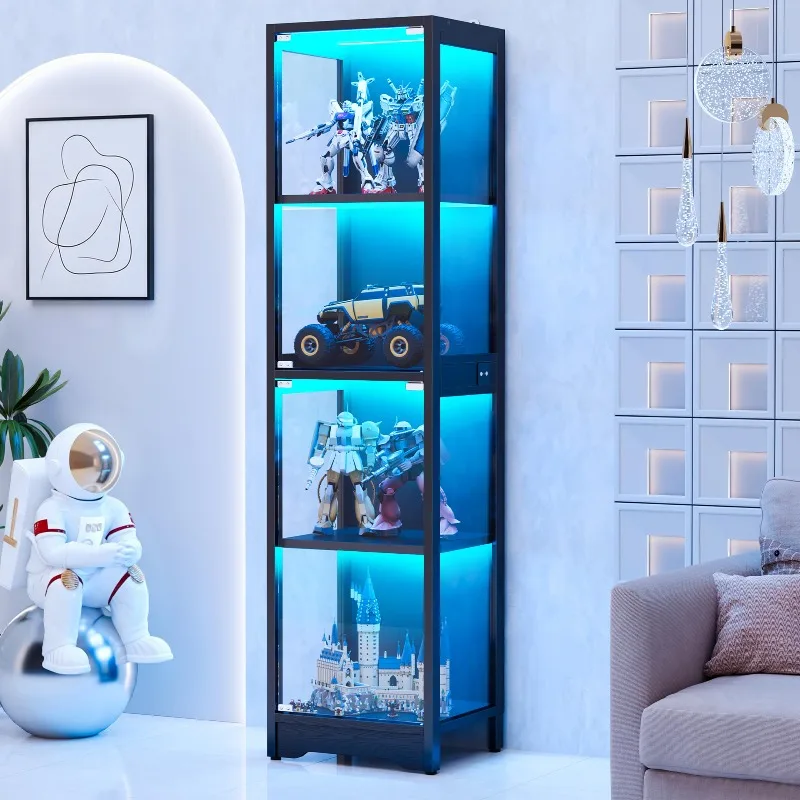 Display Cabinet with Glass Doors, 4-Tier Curio Cabinet with App RGB Lights for Collectibles, Display Case with Human