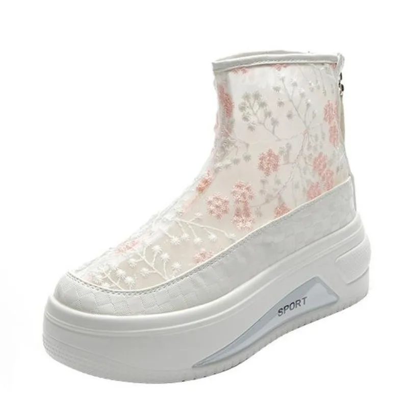 

Высокое качество 6 см, кружевные женские ботинки с воздушной сеткой, сандалии на платформе, женская летняя обувь, дышащие женские ботильоны на молнии, весенняя мода