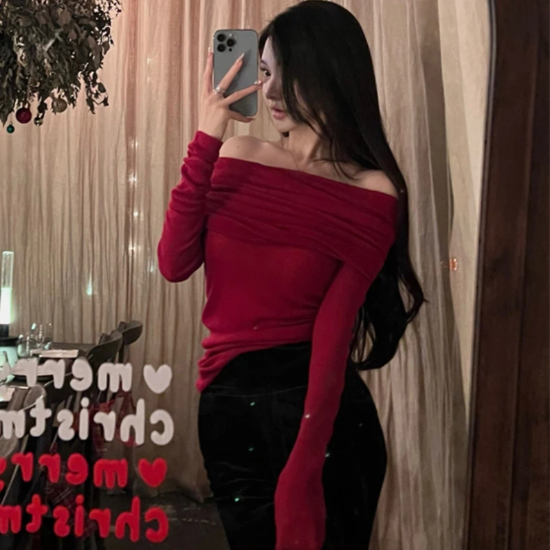 Rood Gebreide Truien Vrouwen Gesneden Hals Vintage Rugloze Sexy Y 2K Meisjes Mode Ulzzang Innerlijke Club Wear Tedere Streetwear Classic