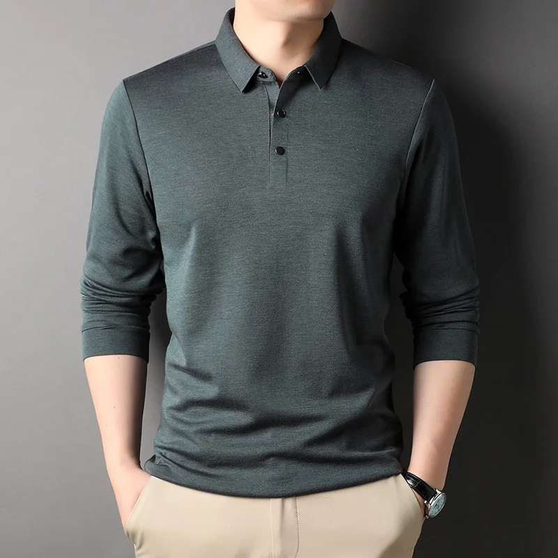 

Wool Men's Polo Shirts High Quality Long Sleeve Solid Color Spring Autumn Business Casual Simple Male Polo Shirts 3XL