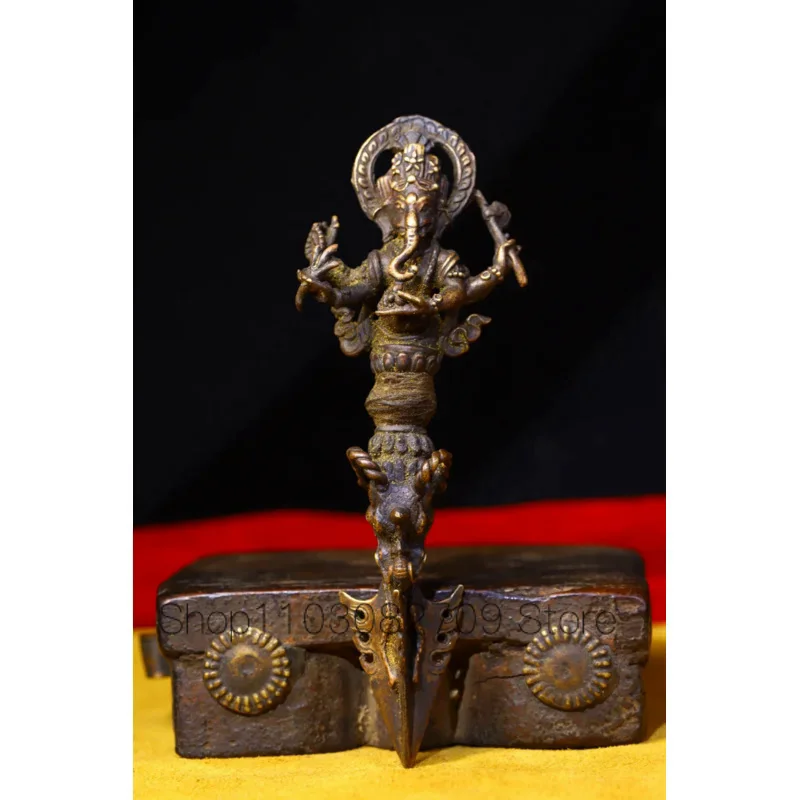 

5"Tibetan Temple Collection Old Bronze Elephant Trunk God of Wealth Buddha Head Dorje Vajra Phurpa Amulet Dharma Town house