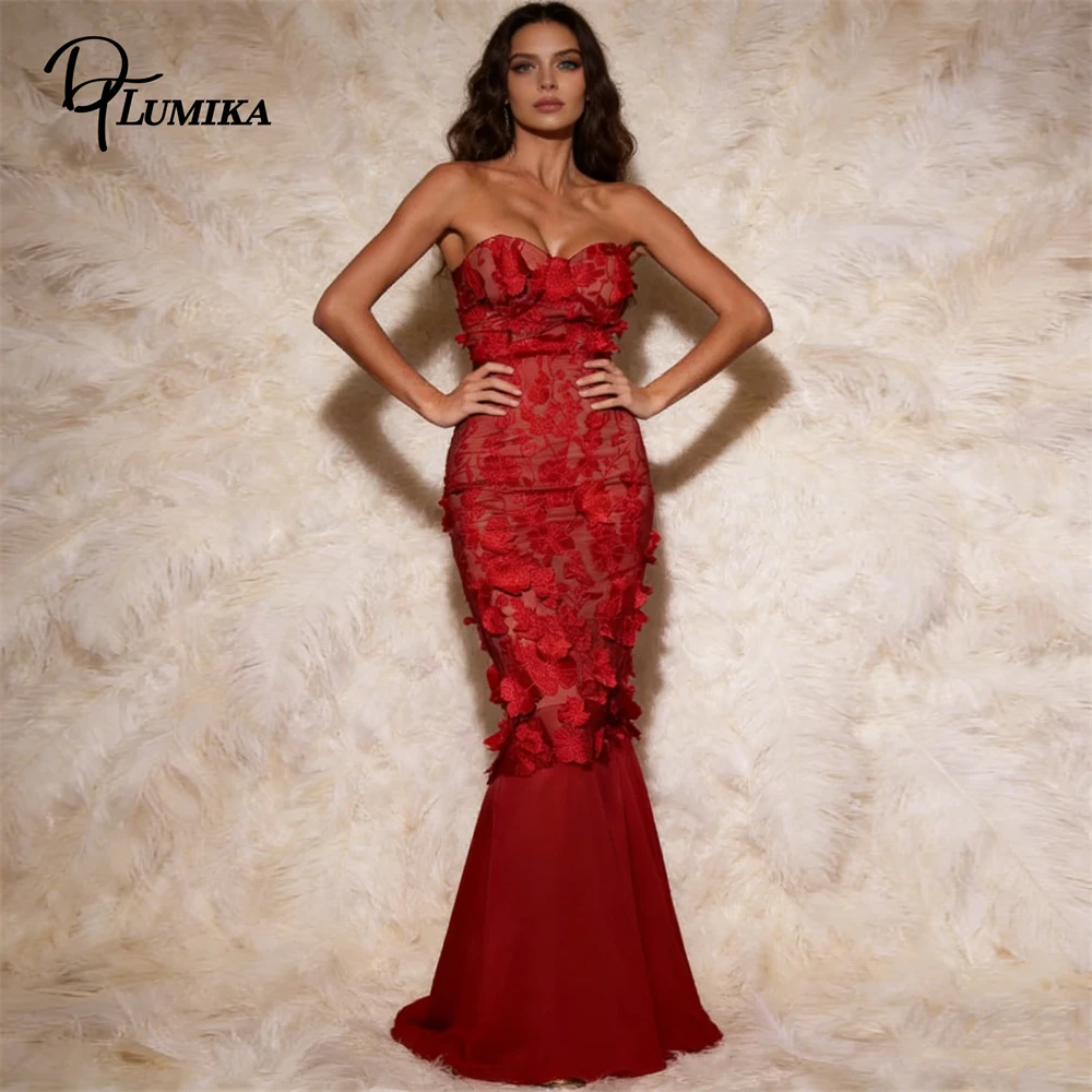 

Ladies Burgundy Strapless Evening Dress Lace Overlay Mermaid Train Sweetheart Neckline Formal Wedding Guest Red Carpet Gown