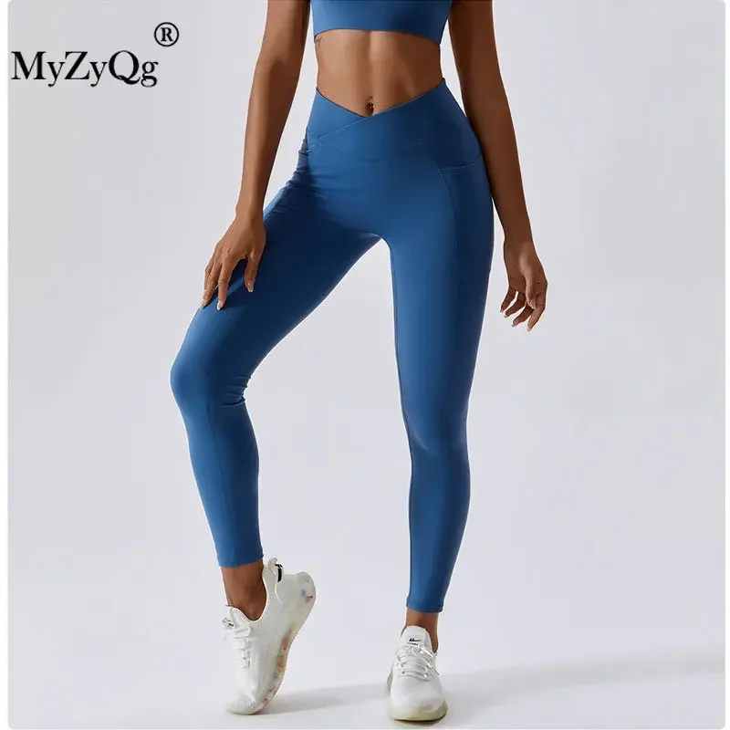 MyZyQg Women High Strength Yoga Leggings Push Up Hip Pocket Quick Dry Fitness Cross Waist Tight Running Sports Pants