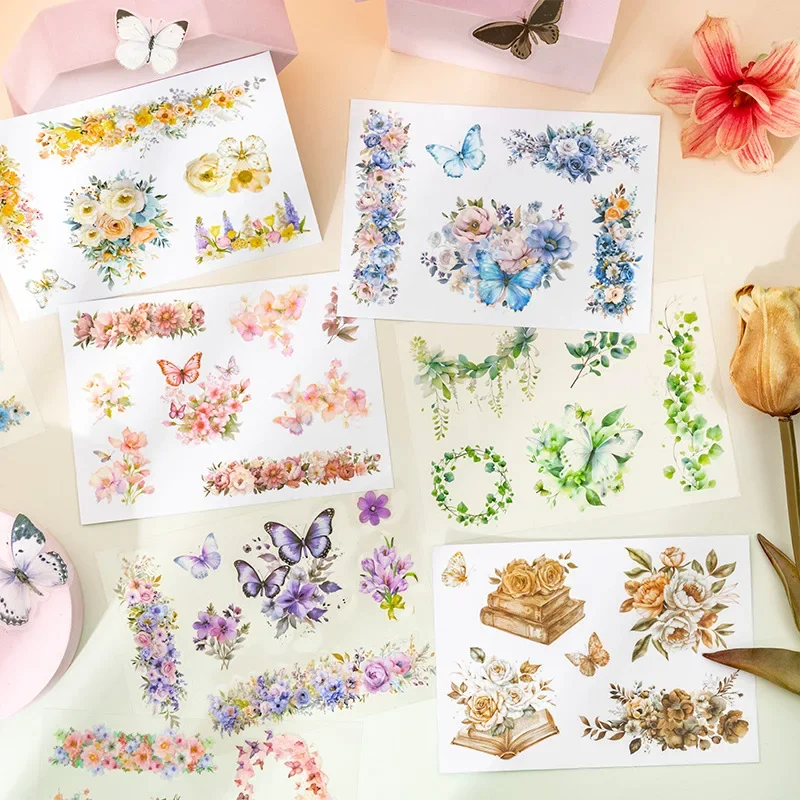 18Pieces dual material landscape stickers butterfly stickers Flower Romantic Flower Sea package Scrapbook cut 160*135mm