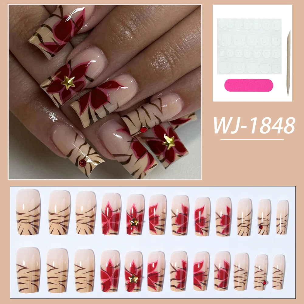 24pcs long square false nail painting red flowers, sexy mature leopard print design, press on nails, suitable for women，reusable