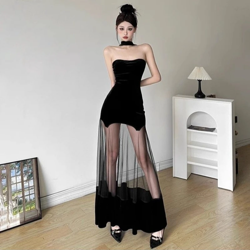 

2026 Trendy Women Velvet Dress Strapless Summer Black Mesh Patchwork Backless Bodycon Evening Dress