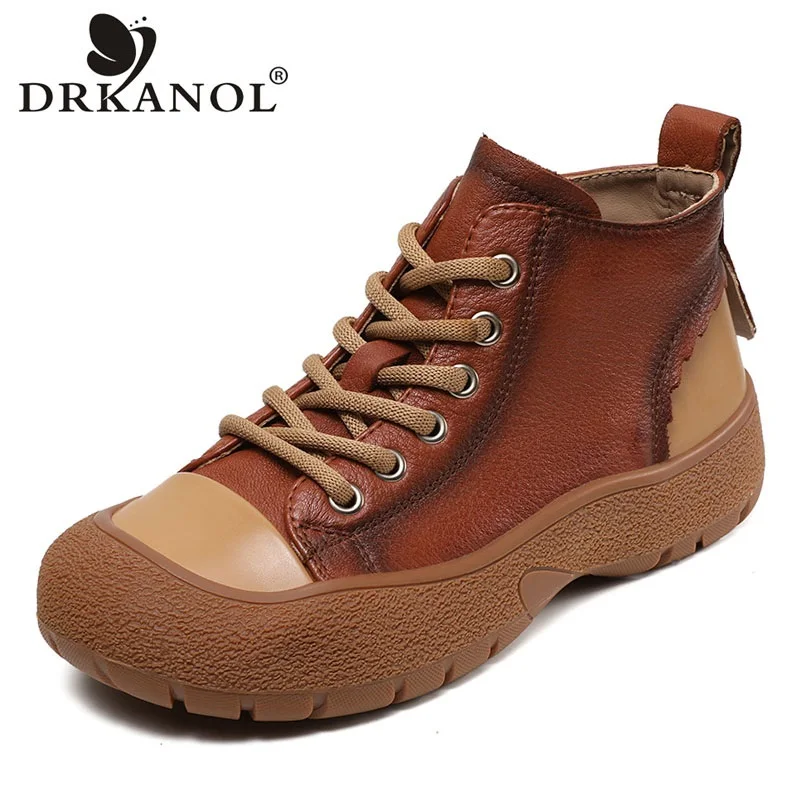 

DRKANOL Genuine Leather Ankle Boots For Women Mixed Colors Round Toe Lace-Up Literary Style Short Boots High Top Casual Shoes