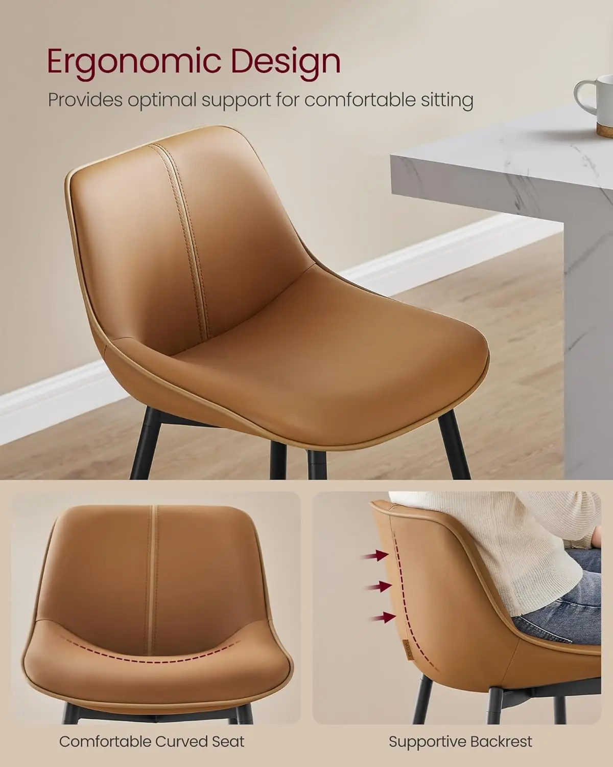 Bar Stools Set of 2, Counter Height Bar Stools with Back, Ergonomic Backrest, Synthetic Leather, Metal Legs, 24.4-Inch Tall Stoo