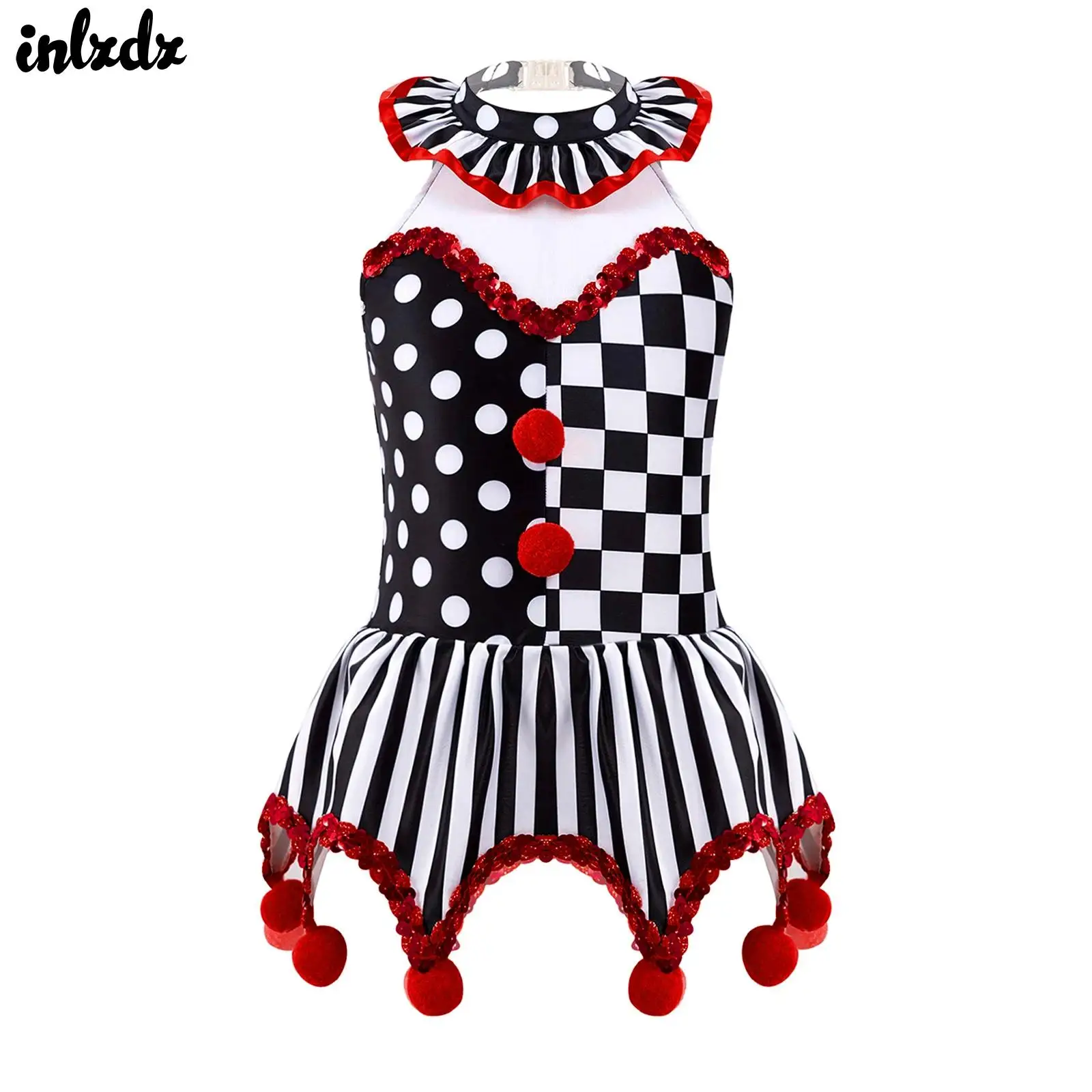 

Kids Girls Circus Ringmaster Clown Joker Party Cosplay Outfits Clown Plaid Polka Dots Pompoms Tutu Dress Fancy Dress Up Costume