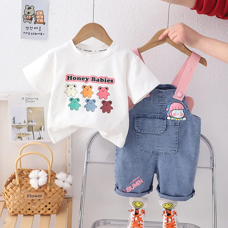 Kids Summer Sets 2024 New Baby Girl Clothes 9 To 12 Months Lovely Cartoon Short Sleeve T-shirts and Overalls Children's Clothing