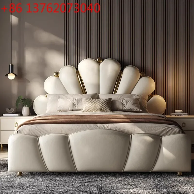 

Italian minimalist premium luxury light luxury solid wood leather bed double master bedroom bed