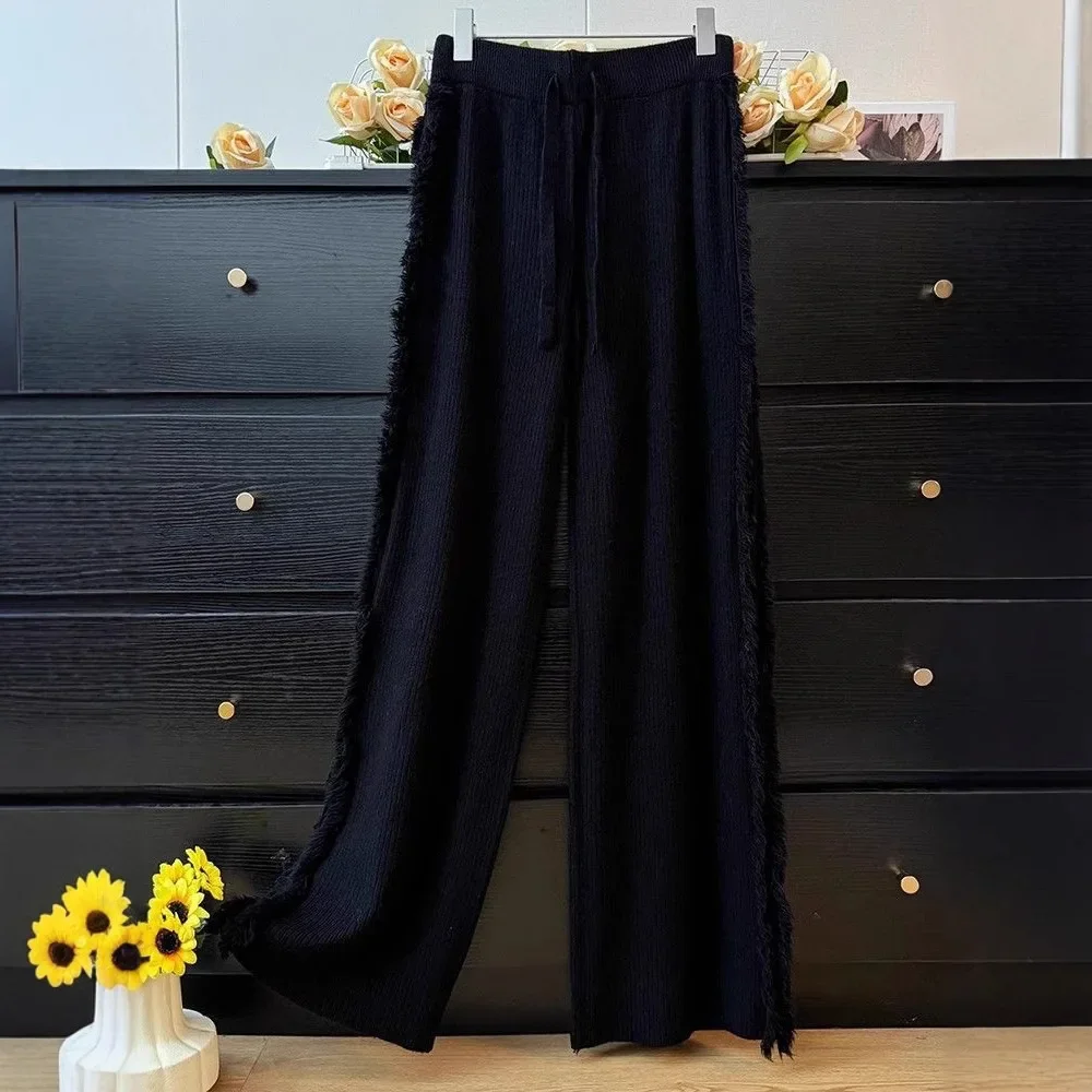 Casual gebreide broek met wijde pijpen Dames hoge taille Drapey losse rechte vloerlengte broek met gerafelde randen Design Sensation