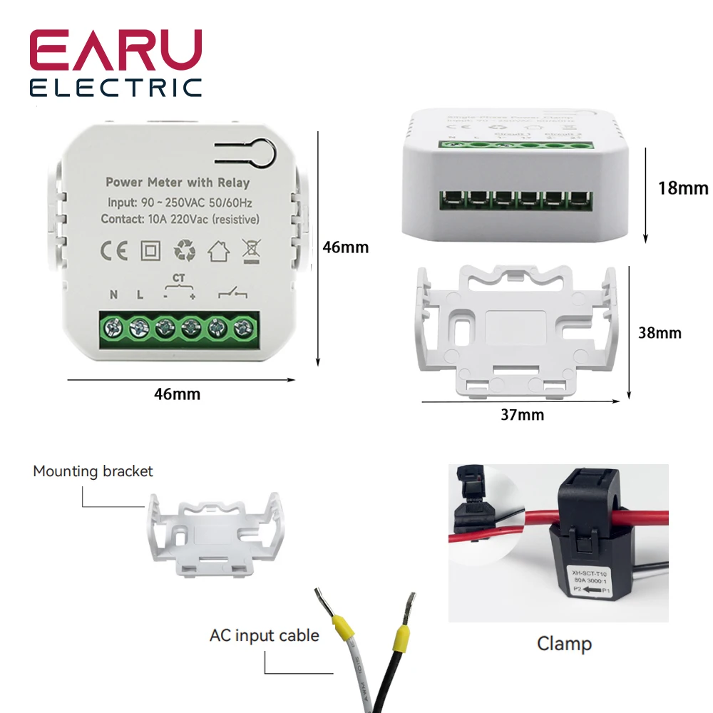 Tuya App Smart Two-way Bilateral WiFi Power Meter with Relay AC110V 220V with Clamp CT KWh Power Electricity Consumption Monitor