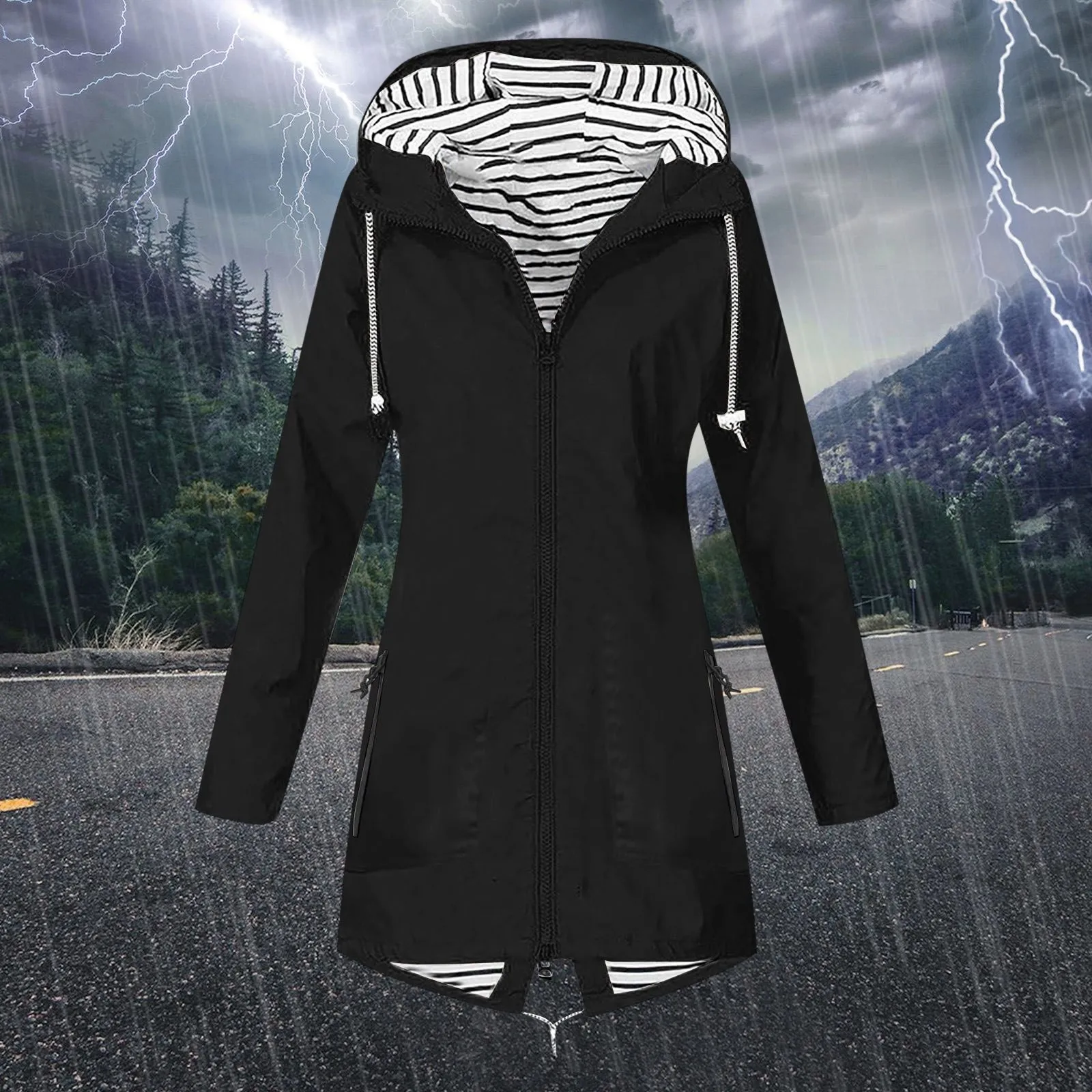 

Women's Rain Jacket With Hood Lightweight Long Sleeve Windbreaker Zip Up Drawstring Raincoat Pockets Lightweight Rain Jackets