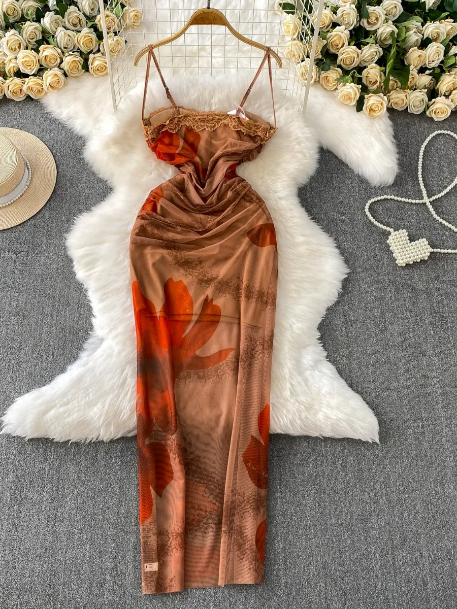 Foamlina Fashion Elegant Niche Lace Trim Halter Dress Women Summer Mesh Pleated Print Cinched Waist Maxi Dress Boho