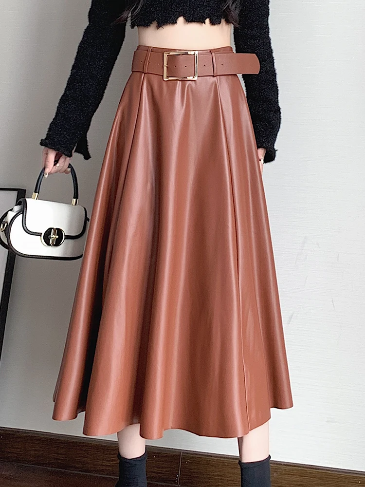 

Chic Blet Skirts Women PU Skirt Coffee Autumn Winter High Waist A-Line Midi Back Zip Skirts Female 2023 New Elegant Saias Mujer