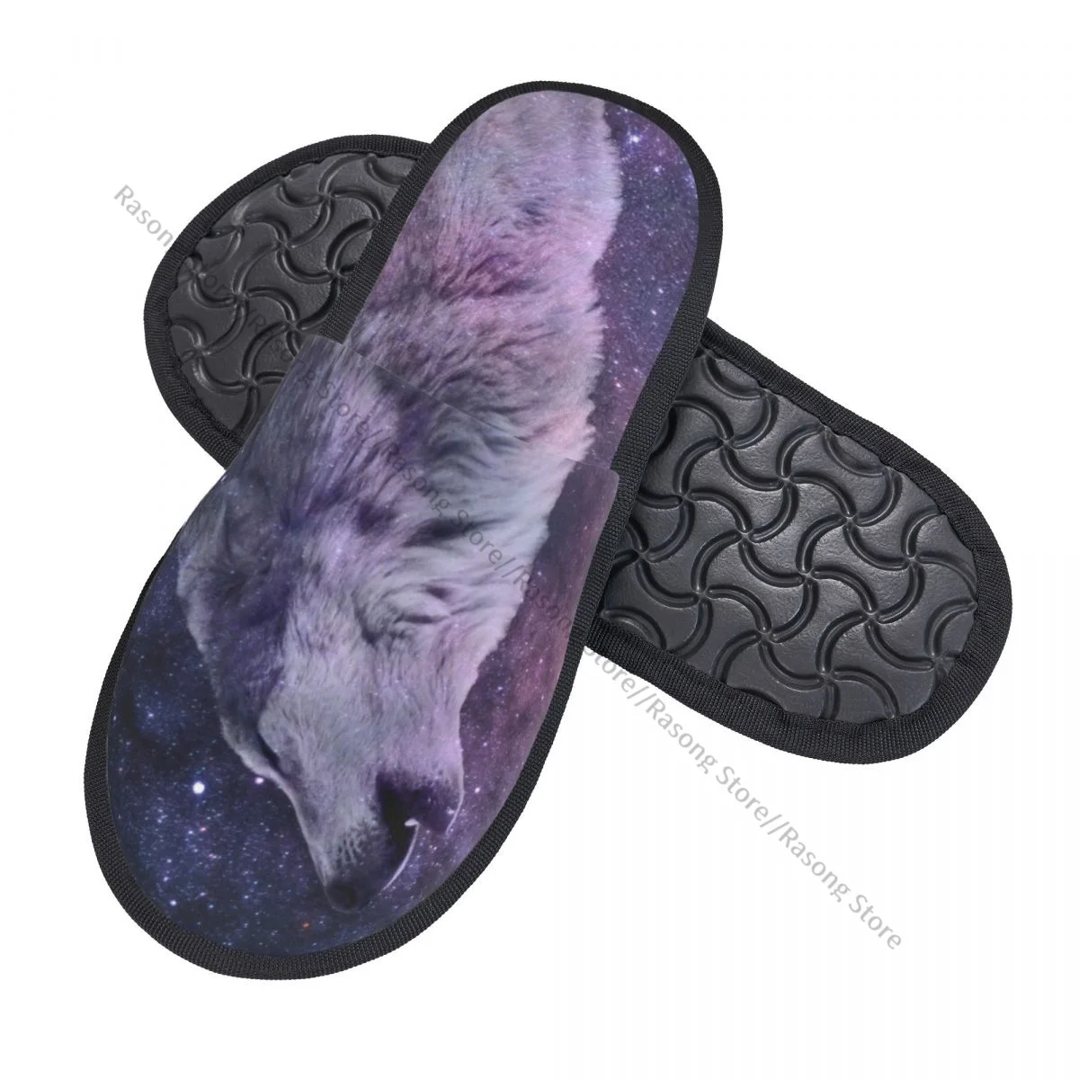 Indoor Galaxy Night Mystical Starry Sky Wolf Warm Slippers Home Plush Slippers Home Soft Fluffy Slippers