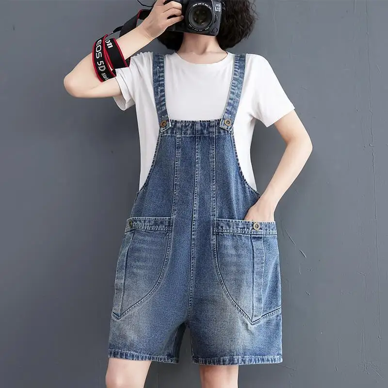 

Women's Denim Strap Playsuits 2025 Summer New Plus Size Clothing Cover Belly Wide Leg Pants Fashion Jumpsuit Shorts Ladies Jeans