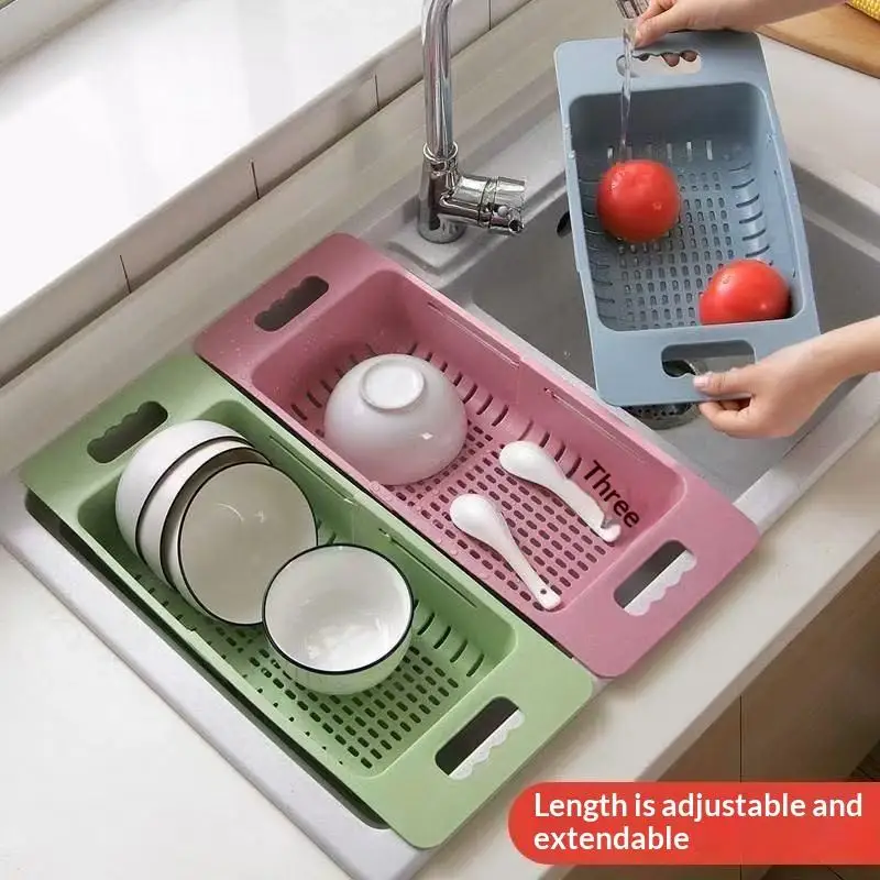 1PC Retractable Vegetable Fruit Washing Rack Adjustable Dish Drainer Sink Basket Extendable Kitchen Storage Colander