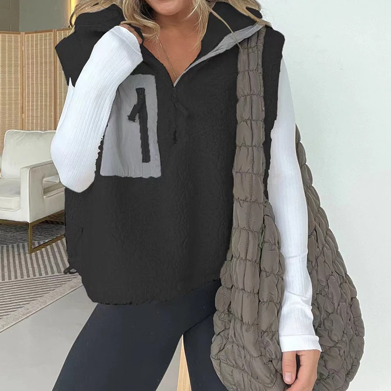 Autunno elegante patchwork di lana gilet spesso donna casual senza maniche cappotti larghi solidi moda invernale tasche con cerniera pullover gilet