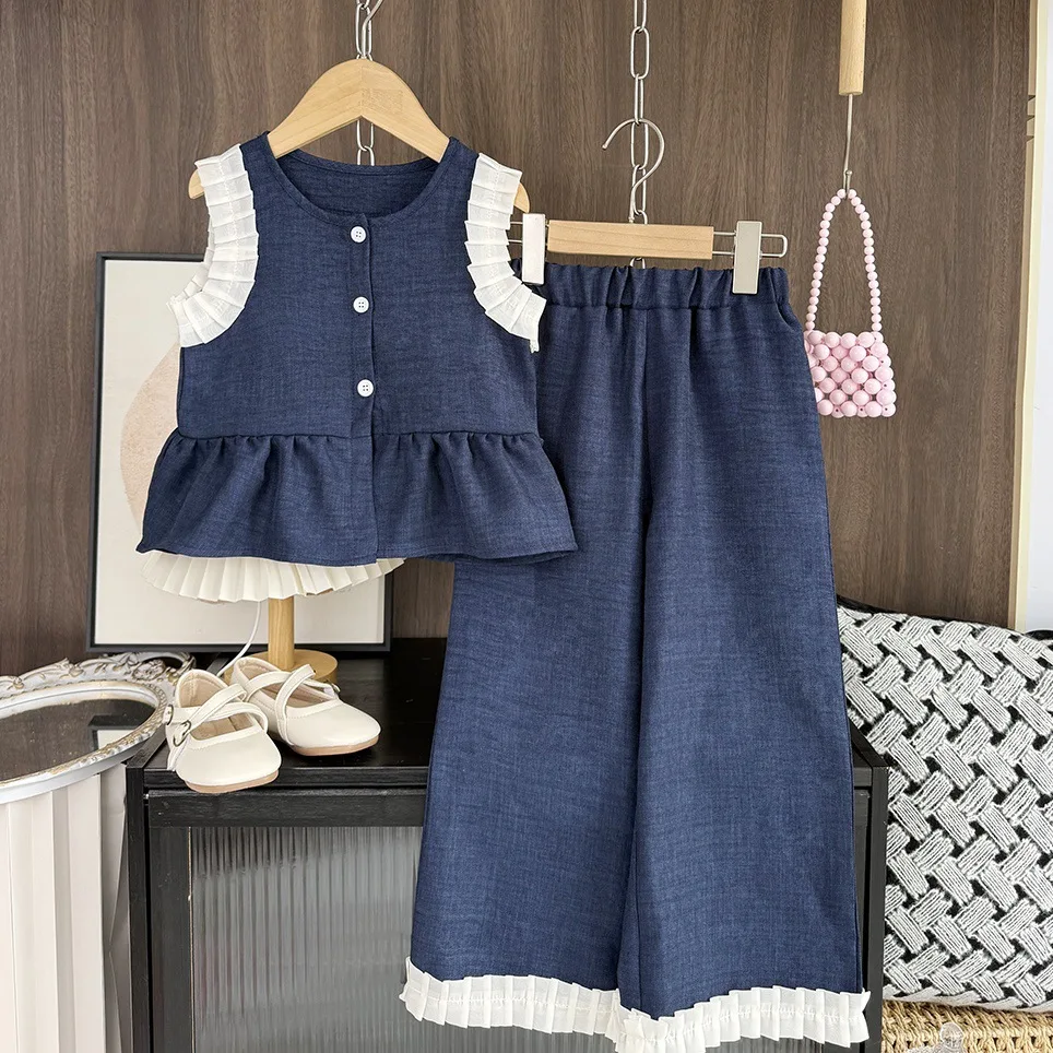 Girls' Stylish Imitation Denim Casual Suit for Spring and Summer, New Children's Vest, Wide Leg Pants, Children's Clothing