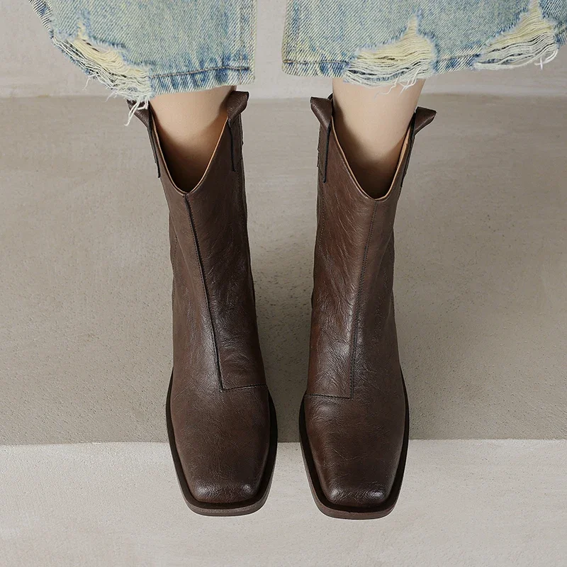 

2026 новые осенне-зимние женские ботильоны из натуральной кожи высотой 22-25 см, кожаные ботильоны в стиле вестерн с квадратным носком и пряжкой на молнии сзади