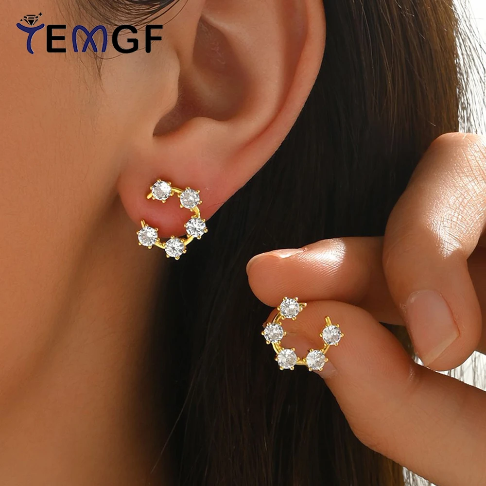 

TEMGF Full 3.5mm Moissanite Stud Earrings 925 Pure Silver Gold Plated Half Hoop Design Ear Jewelry for Women Facial Contouring