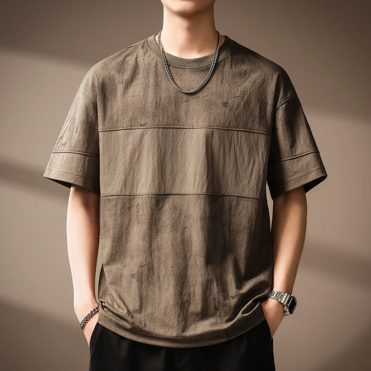 Summer American Style New Fashion Men Color-coded Spliced O-neck Short Sleeve Simple Basic Casual Daily Loose Fit T-shirts Tees