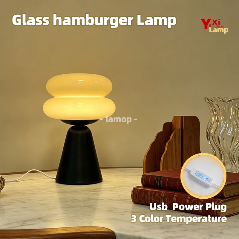 Creative Hamburger Glass Table Lamp 3 Color Tone Soft Ambient Light Bedroom Home Decor Gift