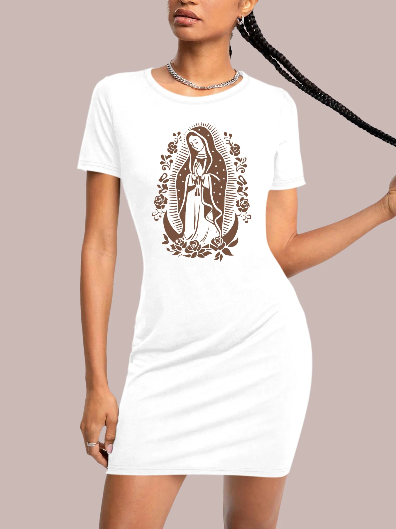 

Virgin Mary Mother of God Graphic Print Dress Women Fashion Casual Versatile O-neck Short Dresses Basic Style Summer