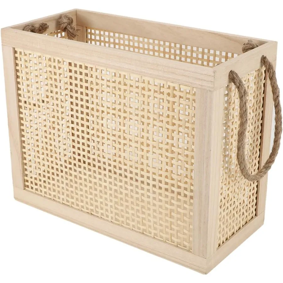 Wooden Storage Basket with Jute Rope Handles Stair Basket Magazine Basket Large Wicker Baskets for storage Home Organizing Laun