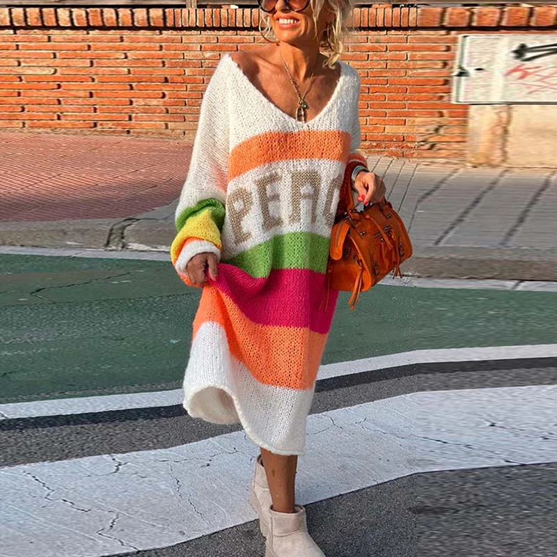 Elegant Colorful Block Stripe Print Women Sweater Fall V-neck Long Top Pullover Winter Long Sleeve Knitted PEACE Jacquard Jumper