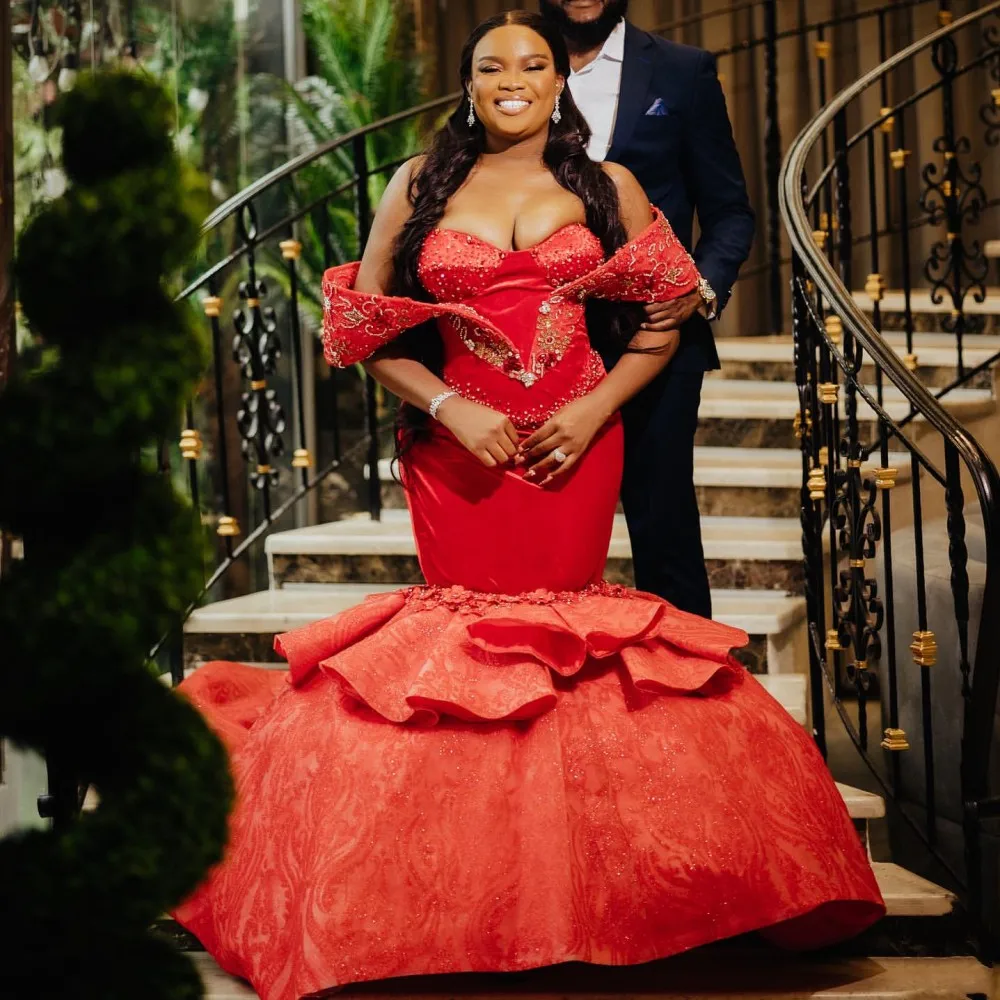 عيد الميلاد حورية البحر فساتين لحضور الحفلات الموسيقية قبالة الكتف الخرز الدانتيل المتدرج منتفخ أسفل الدانتيل فستان حفلات الزفاف Aso Ebi الجلباب دي سواريه #3