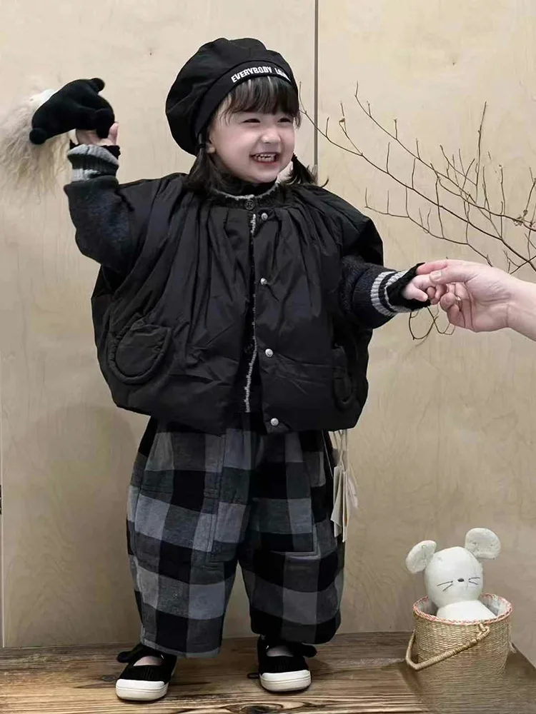 

Girls' Outfit Autumn Winter Solid Color Warm Vest Color Block Knitted Sweater Cardigan Fashion Plaid Pants