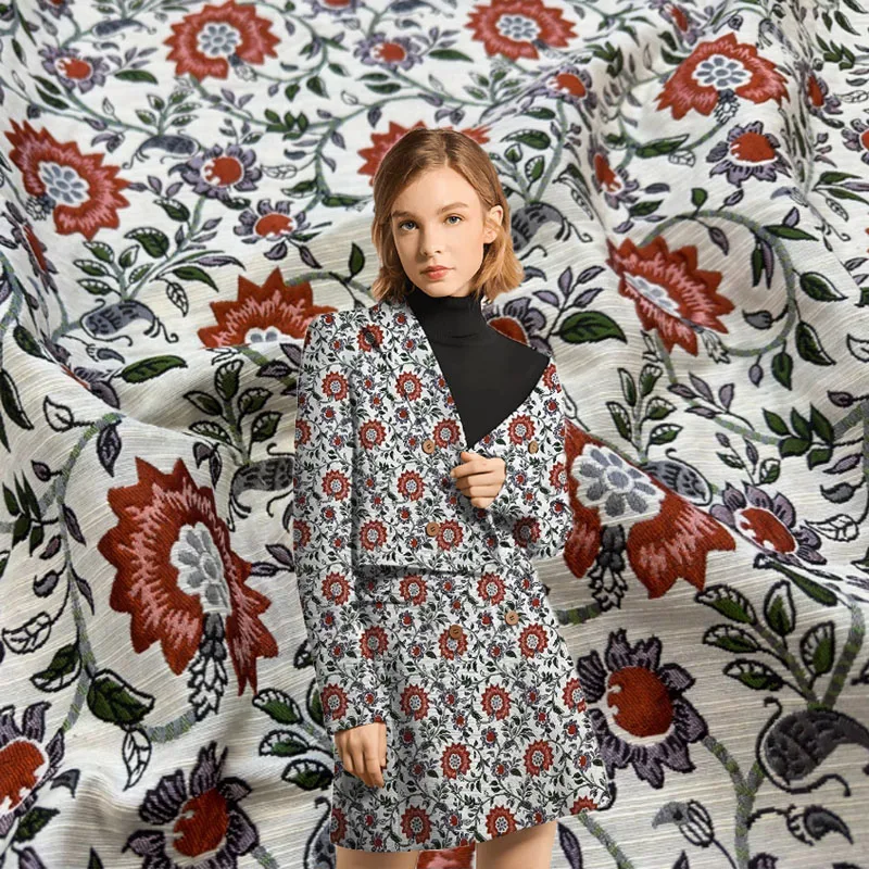 

Red Flower Vine Yarn-dyed Jacquard Fabric For Sew Women's Dress Coat Jacket Suits DIY Cloth Sewing Material Europe and America