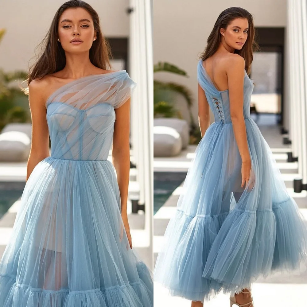 

Customized Sizes Available Tulle Pleat A-line One-shoulder Midi Dresses Quinceanera Fashion Chinese Style