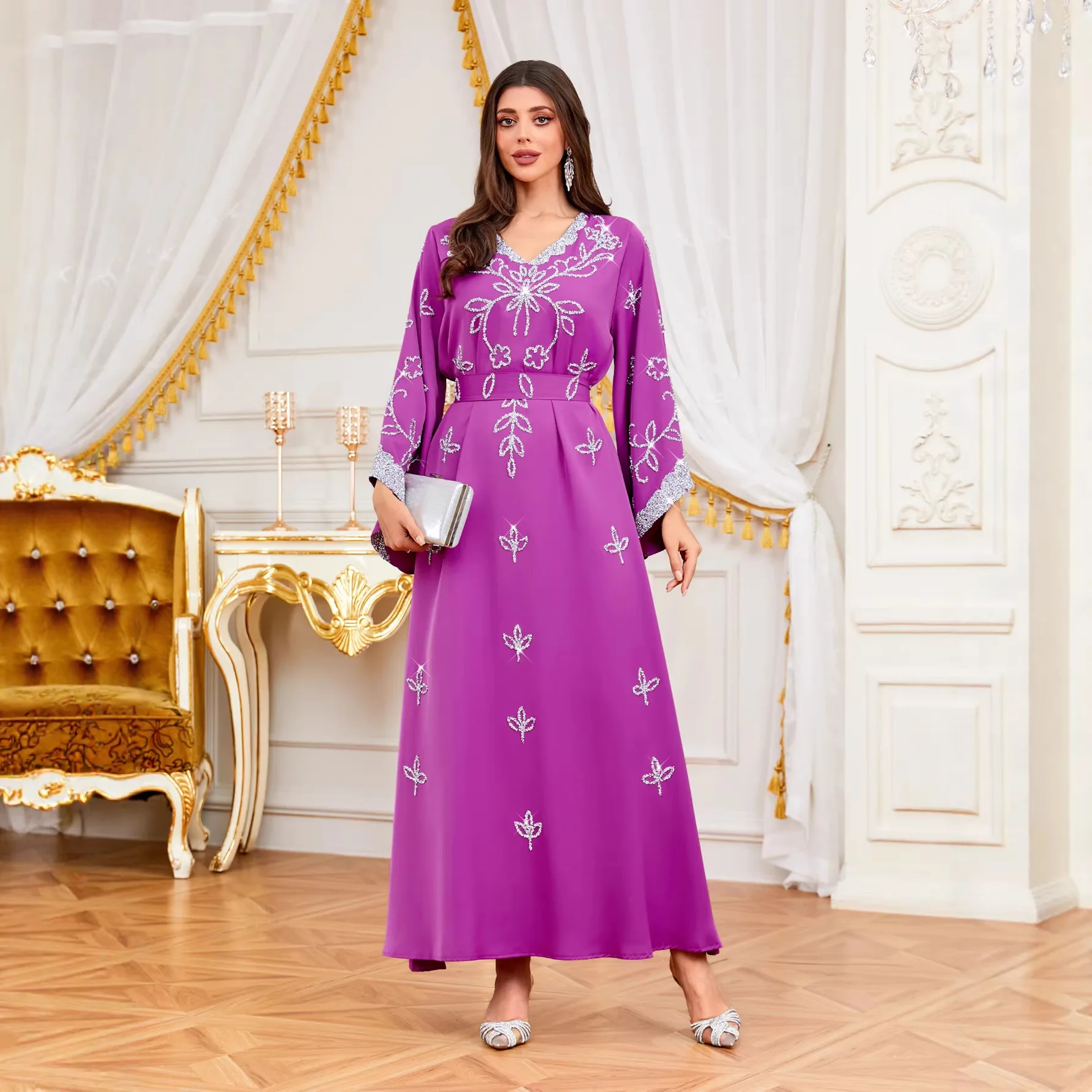 

Dress Women Eid Abaya Muslim Kaftan Diamonds Lace Up Morocco Dubai Long Robe Party Dresses Jalabiya Abayas Vestidos Ramadan