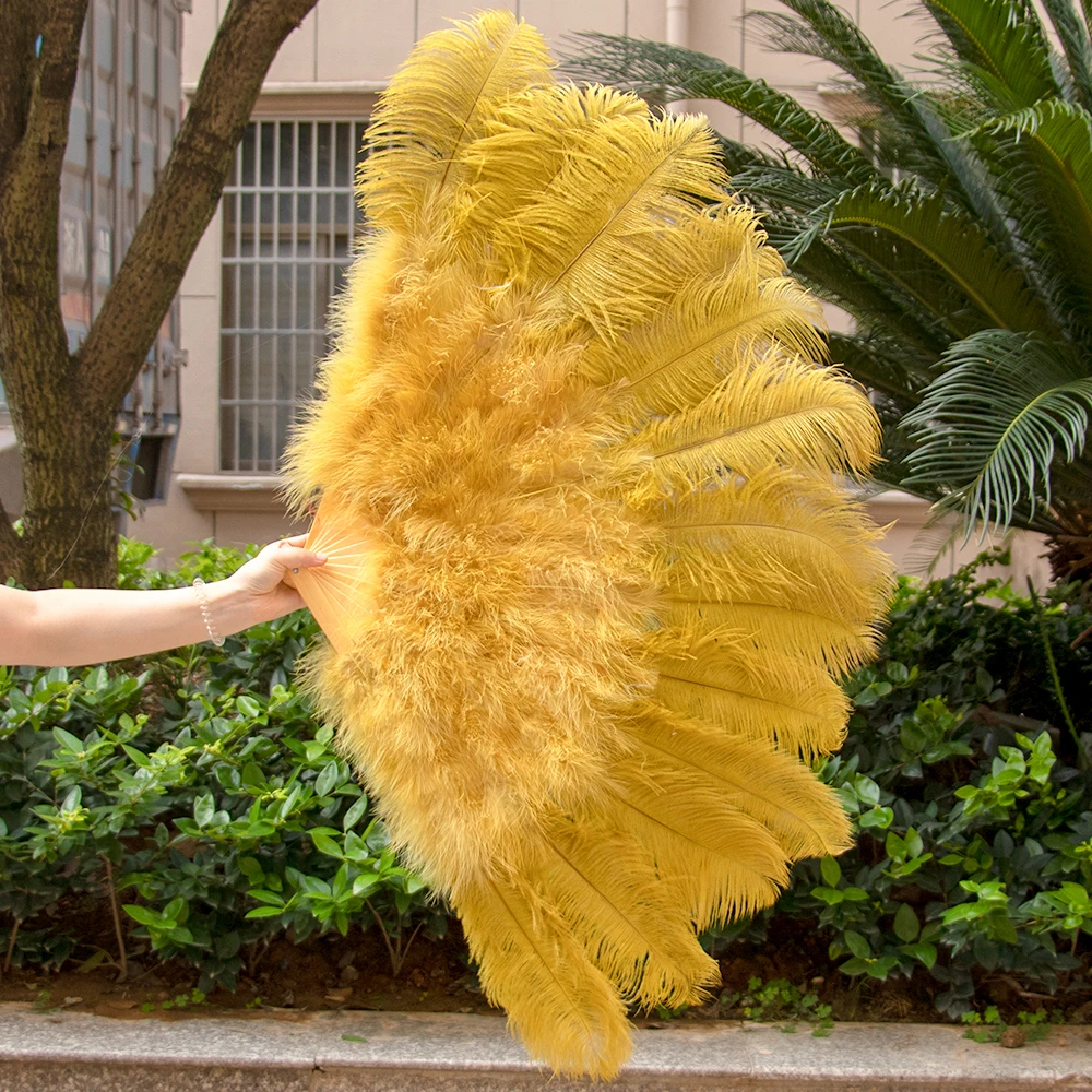 Natural Ostrich Feather Fan 13 Bones Big Hand Held Folding White Fan for Performance Dance Fans Party Stage Carnival Show Props